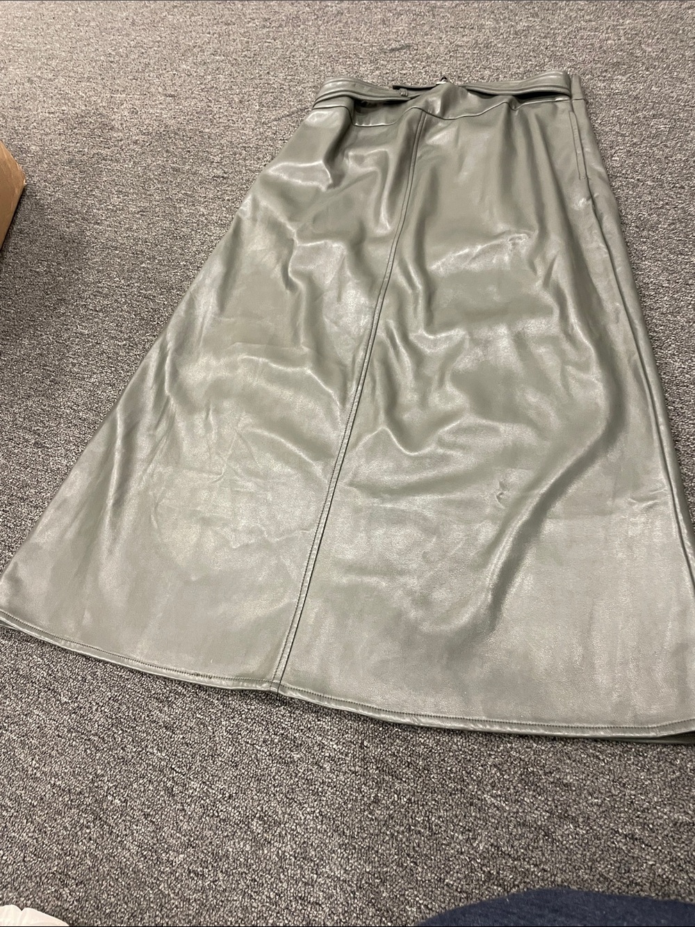 Sleek Olive Green Faux Leather Midi Skirt